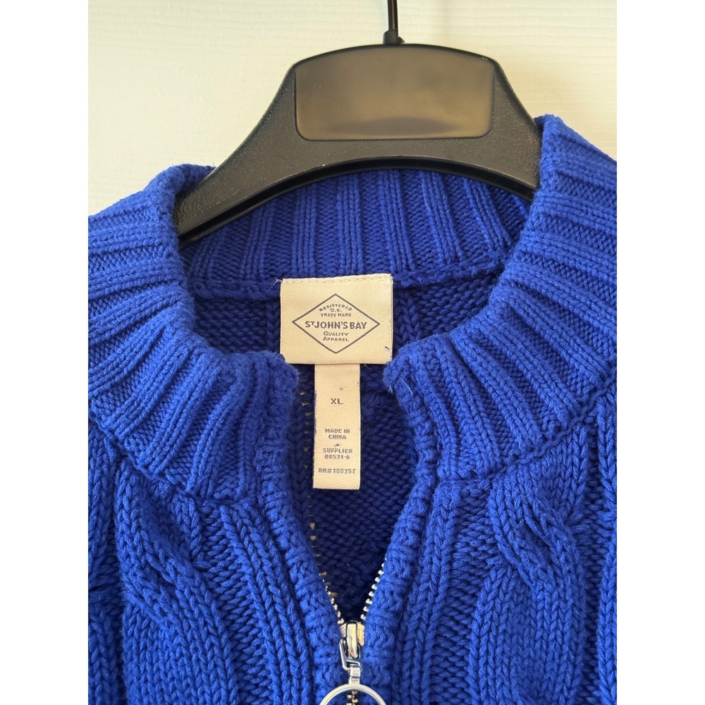 Royal Blue Cable Knit Quarter Zip Sweater Mock Neck XL Preppy Academia Cotton - Picture 3 of 8
